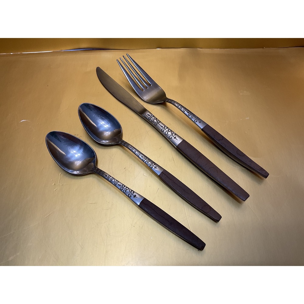 Interpur Japan Stainless Flatware Brown Faux Wood Handle Scroll 4pc Set Spoons